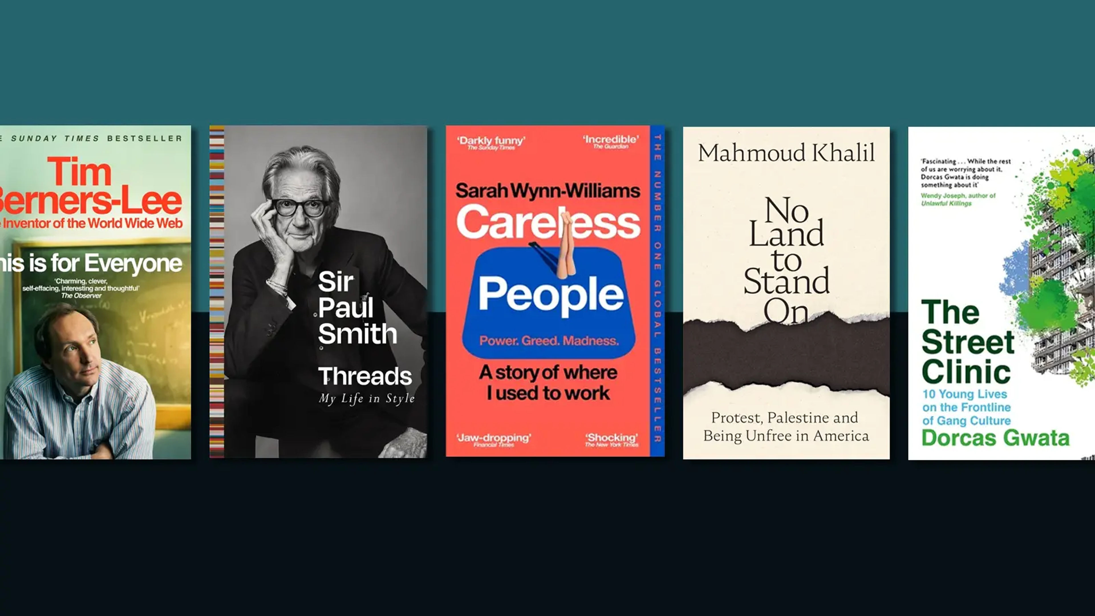 Five book jackets going across a teal and dark background