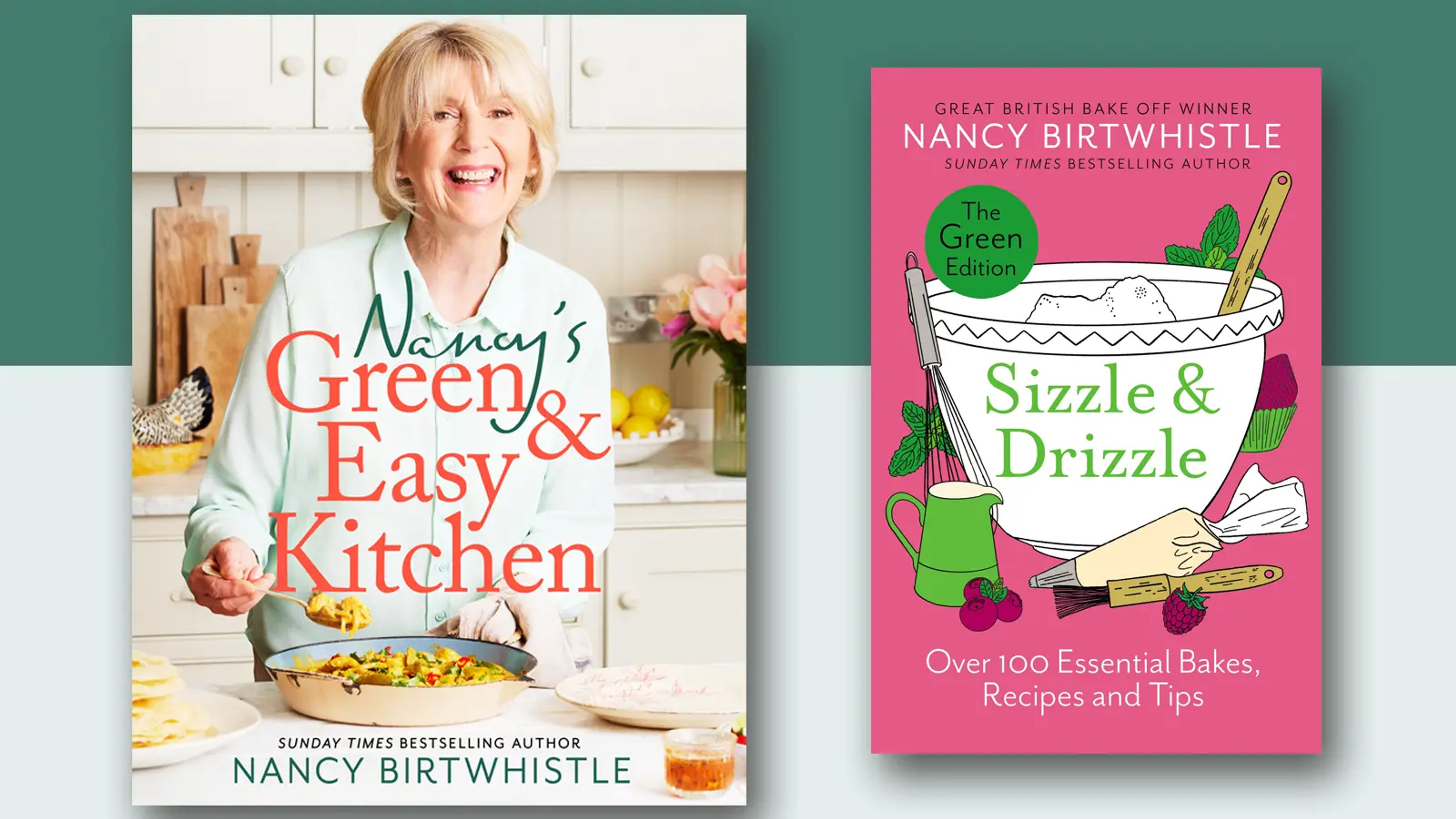 An image of Nancy Birtwhistle's two cookbooks, Green & Easy Kitchen and Sizzle and Drizzle
