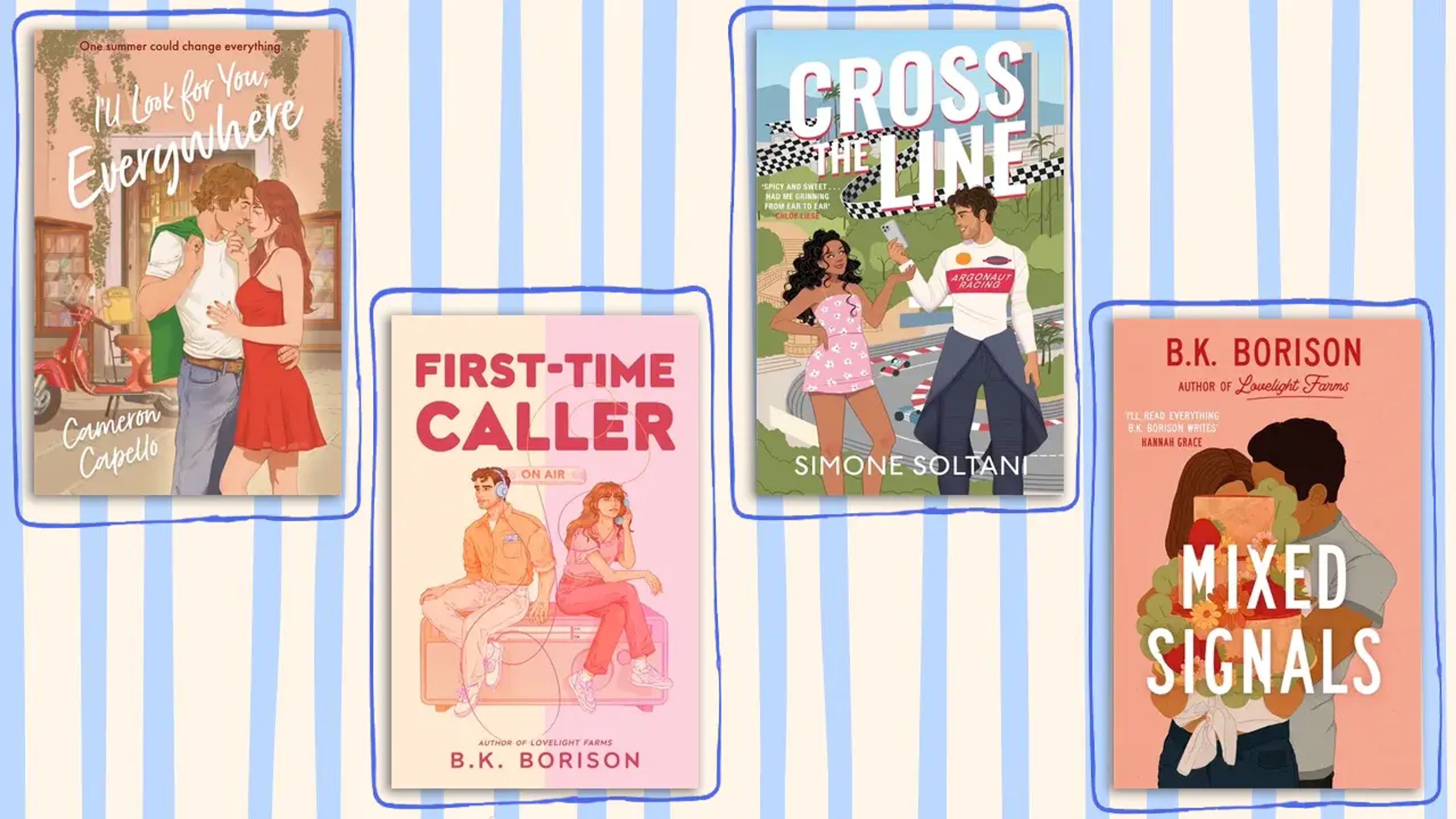 Books jackets on a light blue and cream striped background