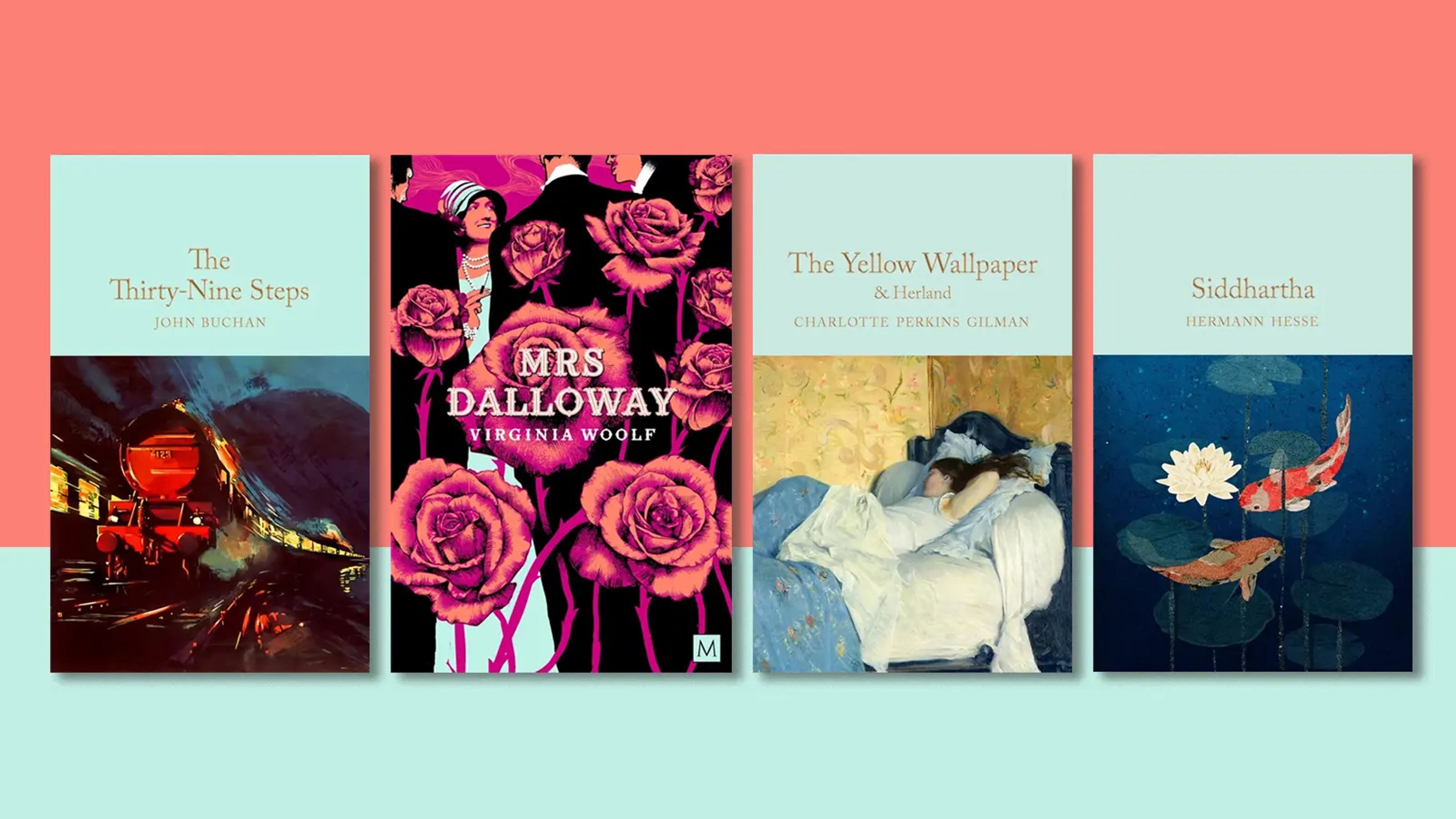 Four book covers on a pink and light green background