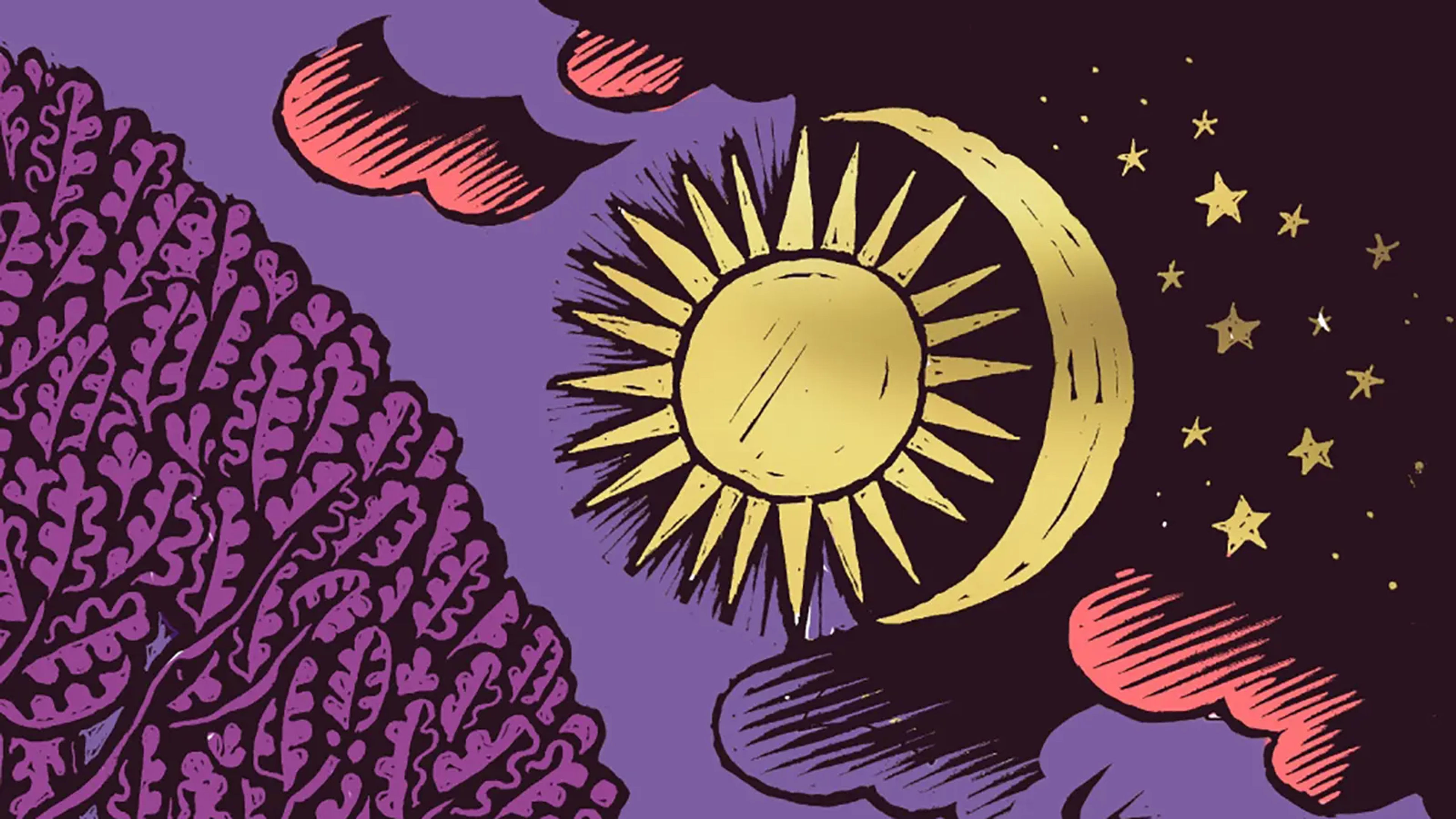 Detail from the cover art of The Ancient Ways showing a moon and sun amongst purple clouds