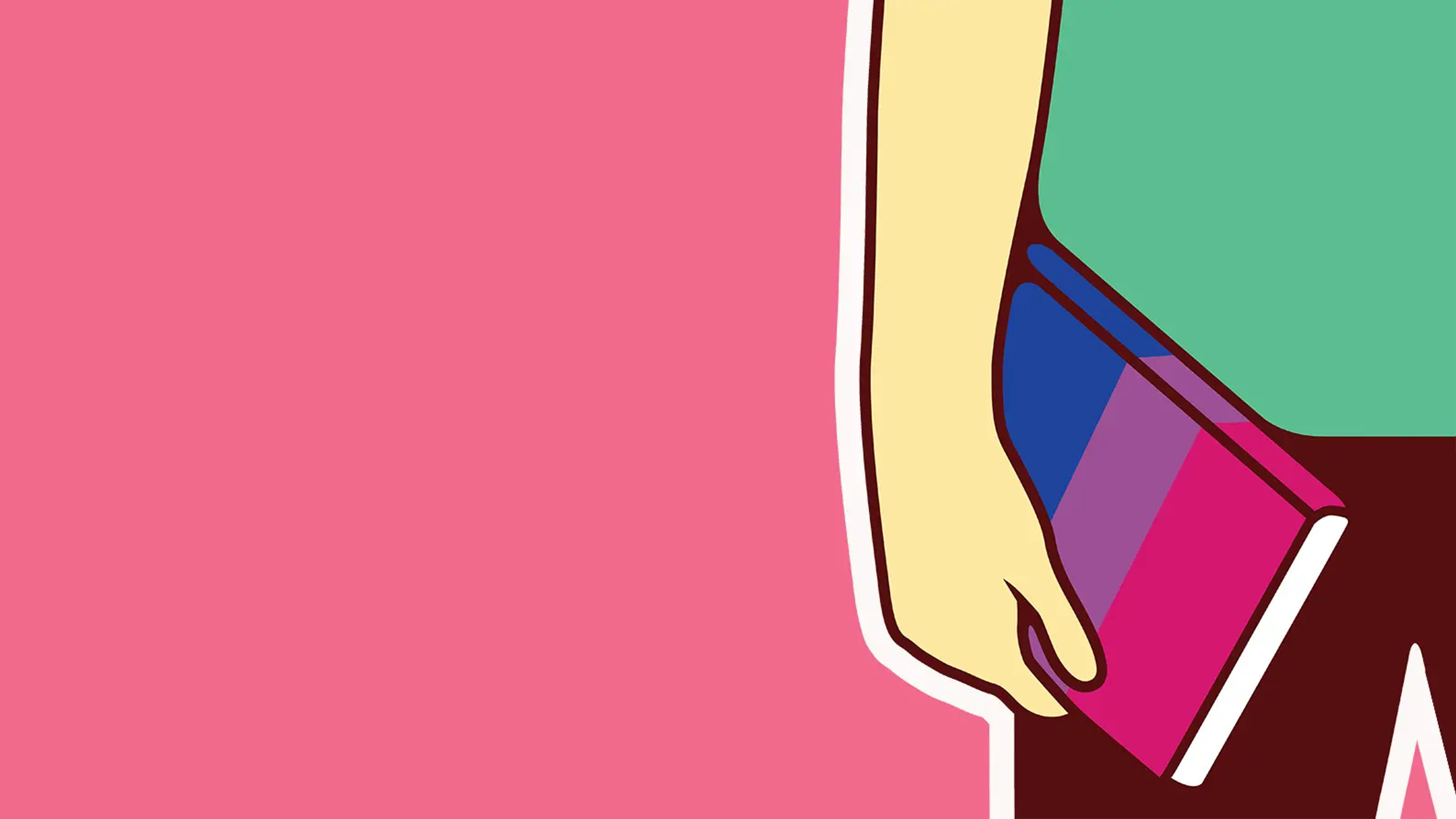 A cartoon hand holds a book with the bisexuality flag colours