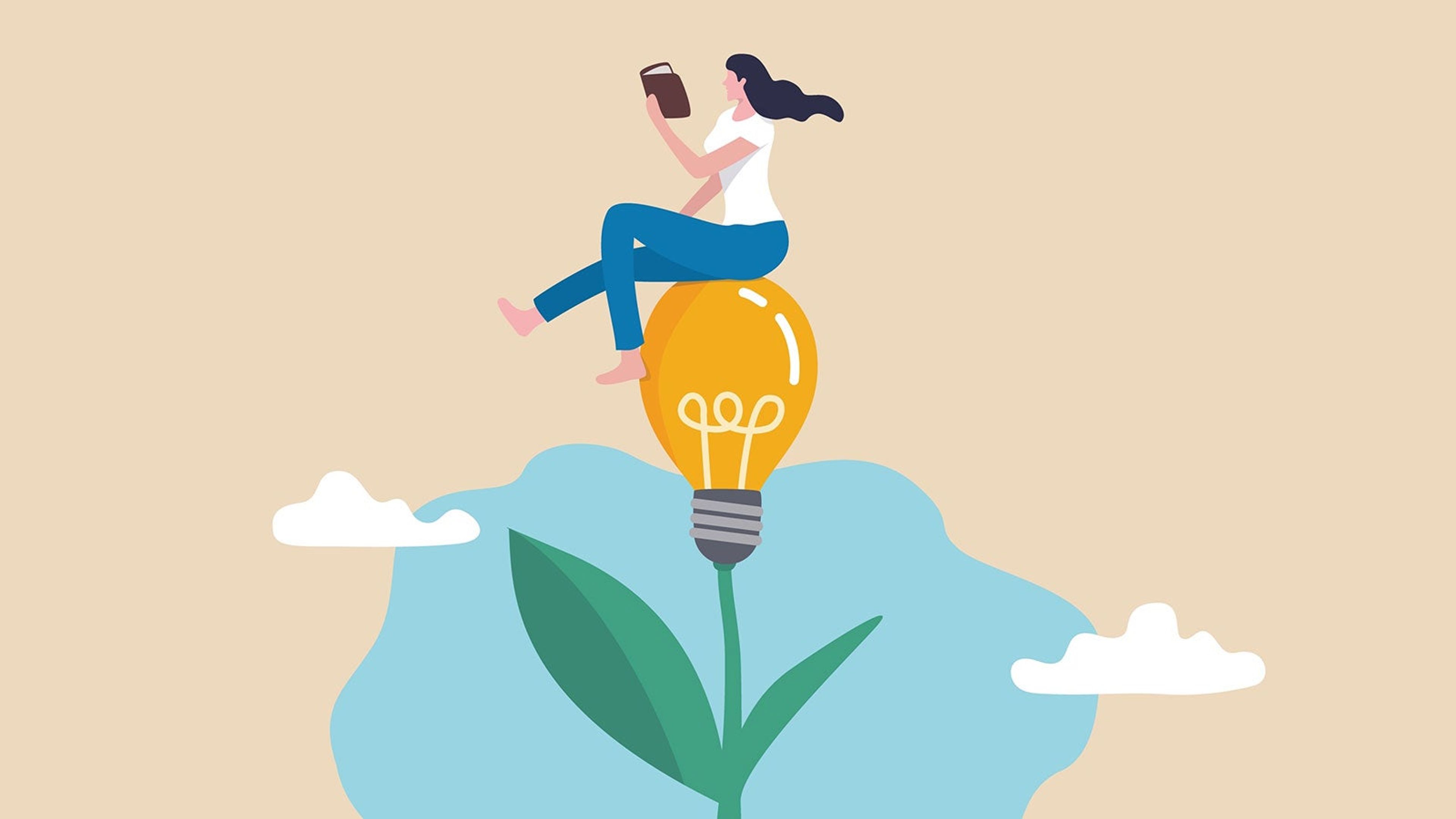 A woman sits rather on a light bulb growing out of a plant