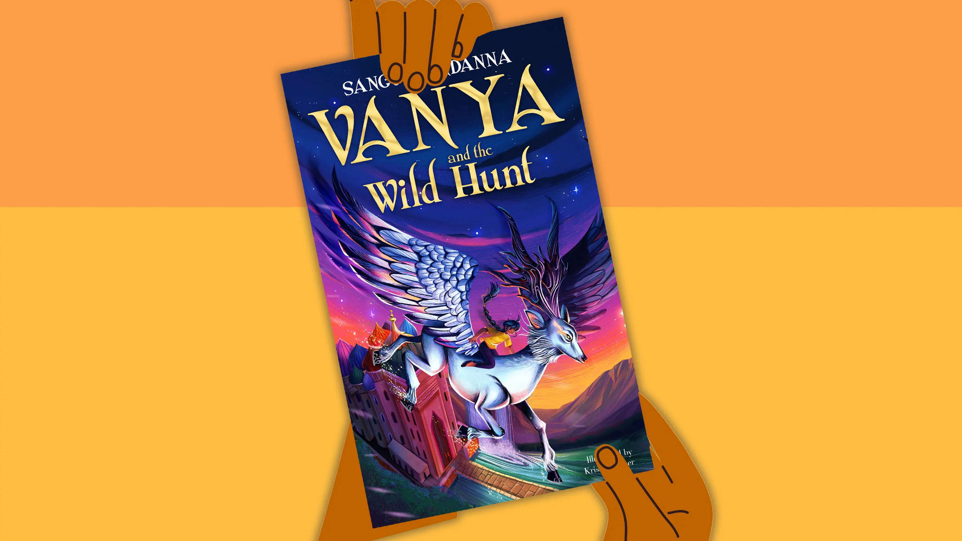Illustrated hands hold the book Vanya and the Wild Hunt on a two-tone yellow background