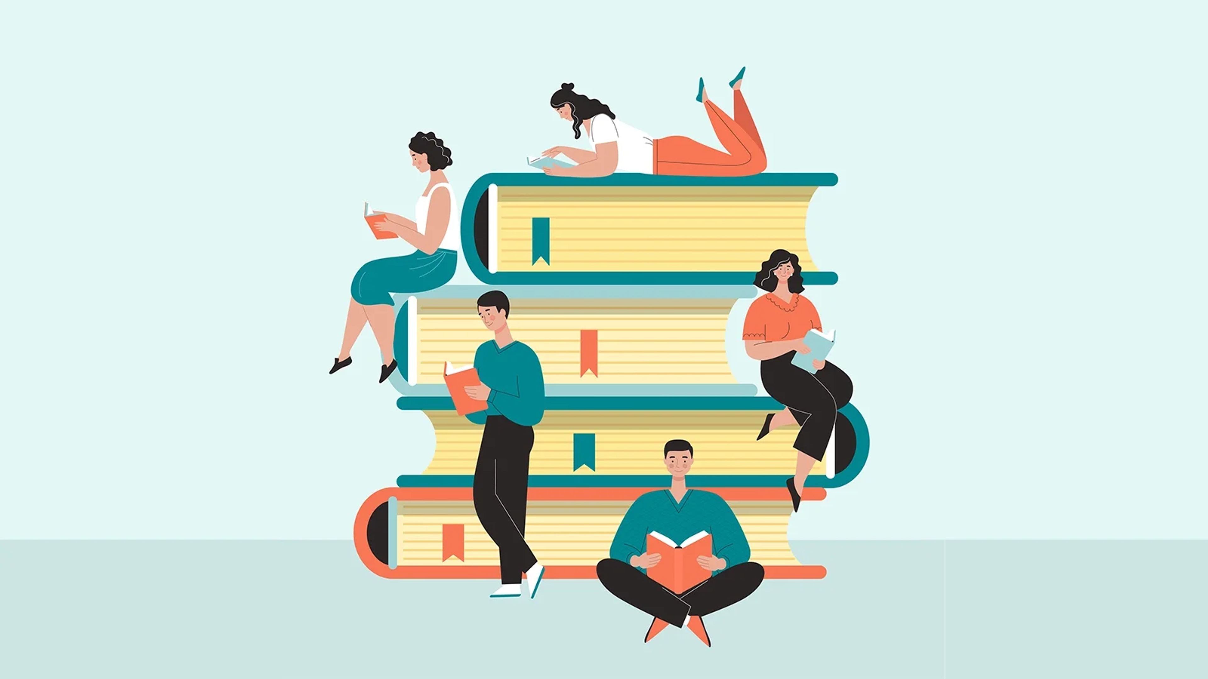 An illustration of a pile of books (oversize). Five students relax and recline on the pile of books, reading books of their own.