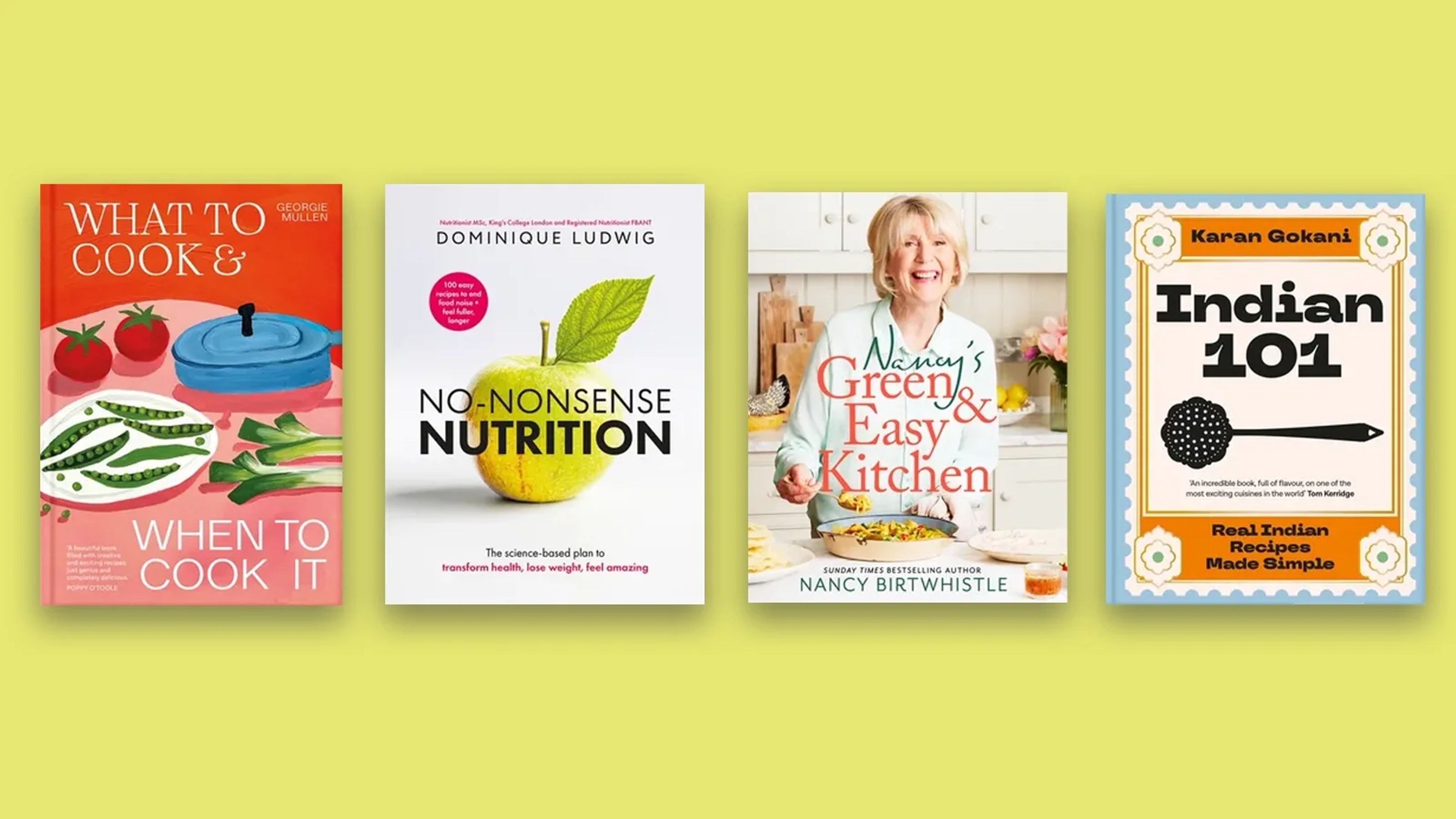 Four book covers on a yellow background