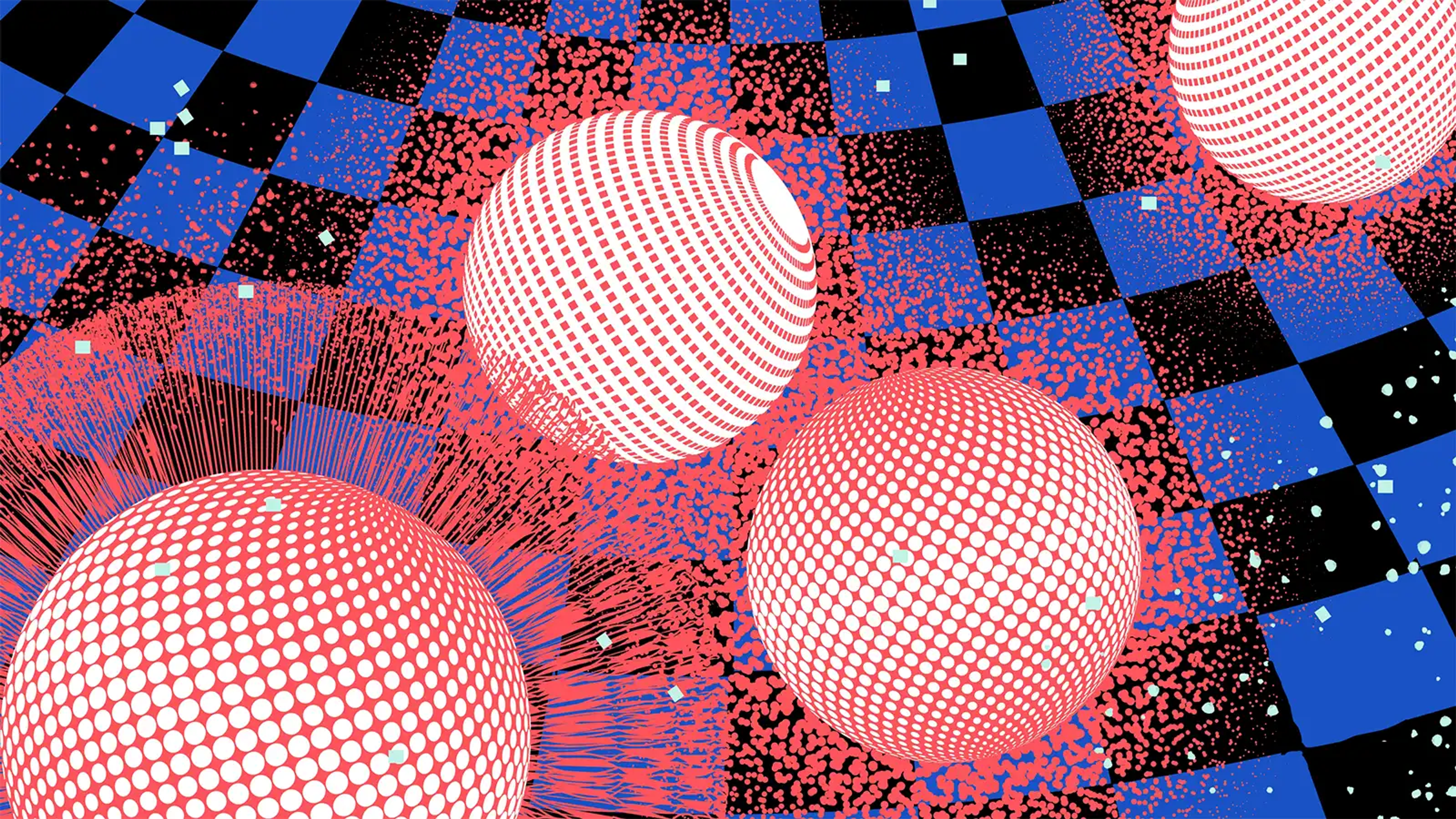 Disco balls glow red on a blue and black cheque floor