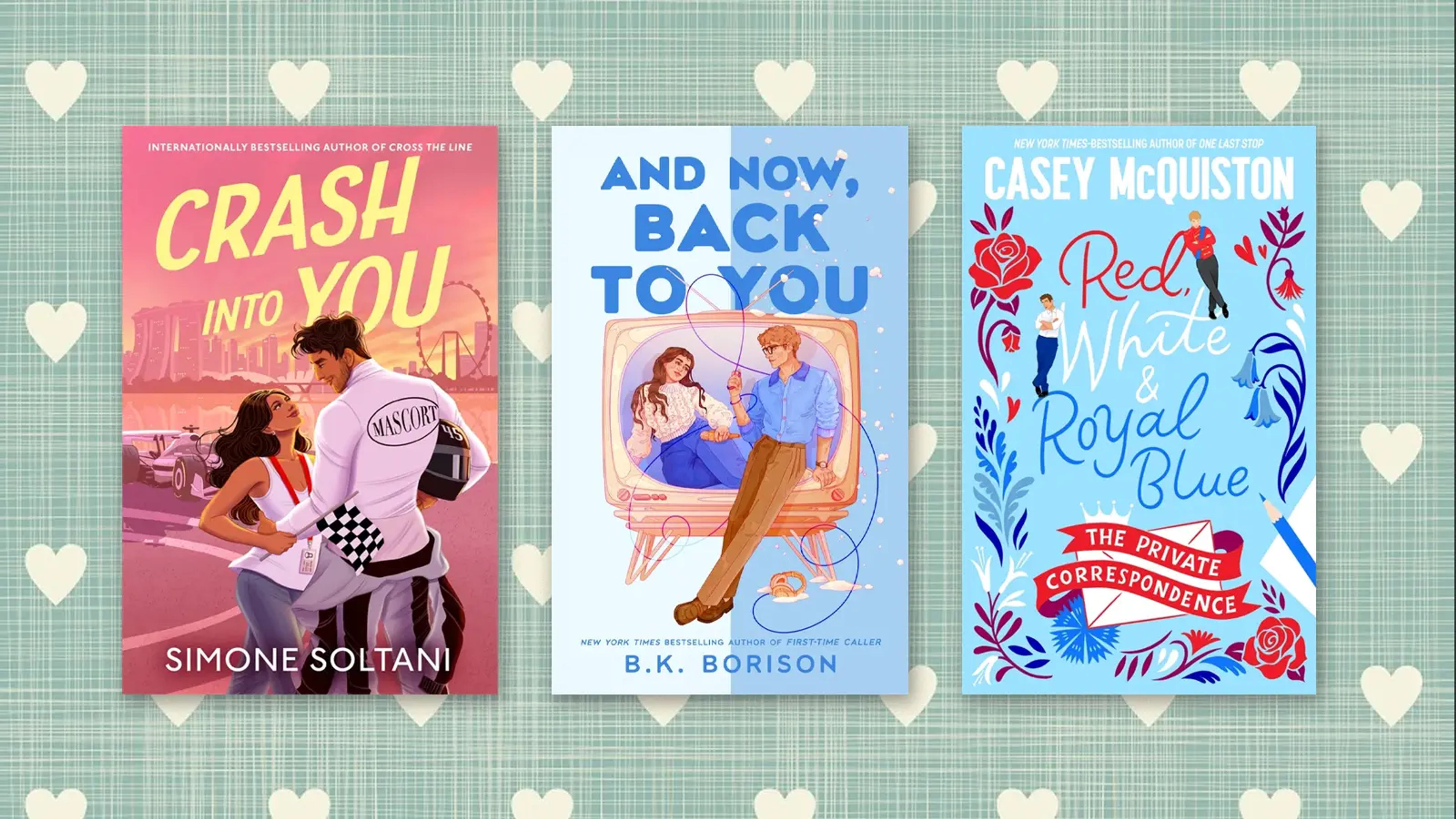 Three book covers on a pale green textured background doted with cream coloured hearts