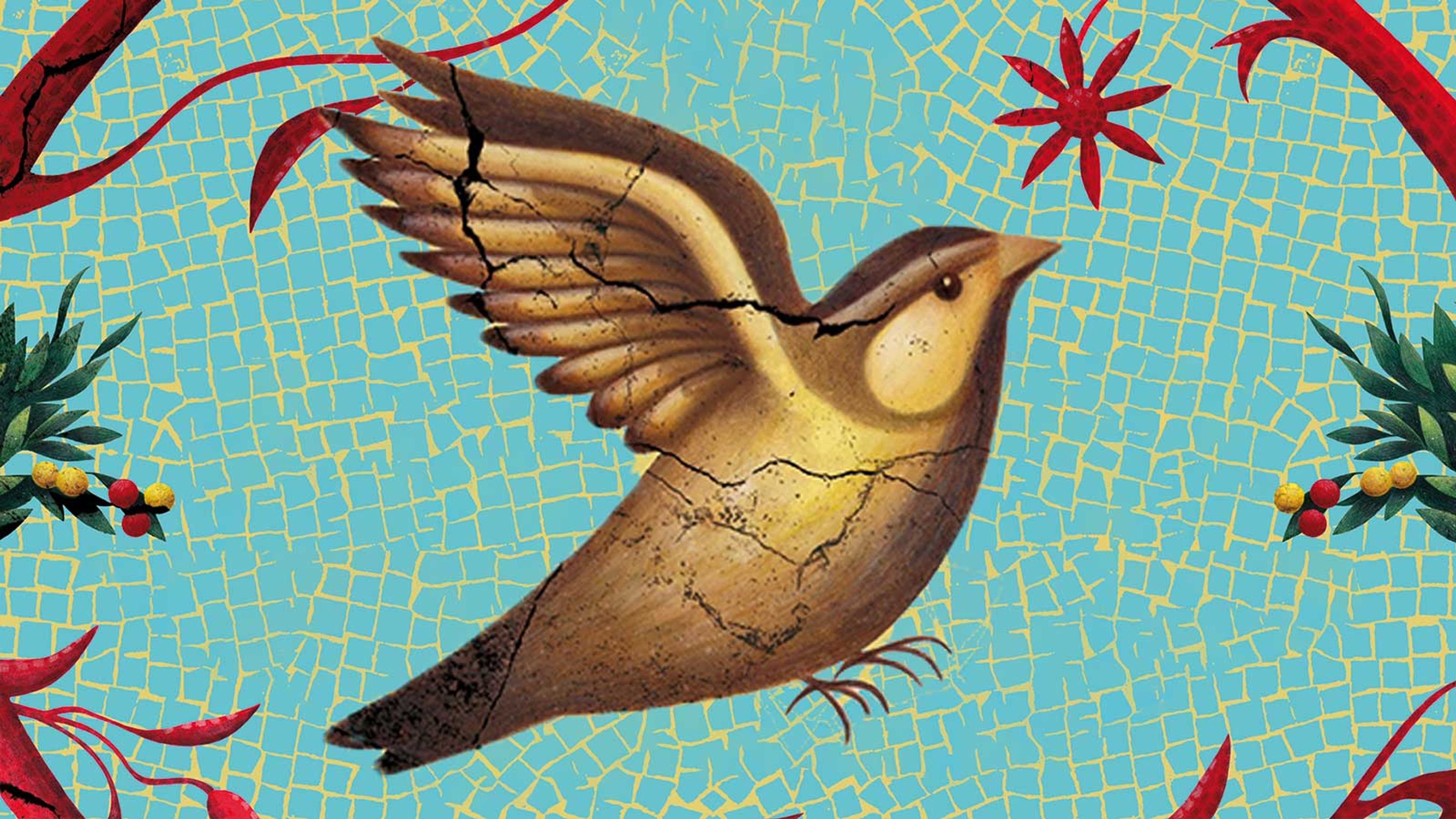 A close up of the sparrow image from the book cover