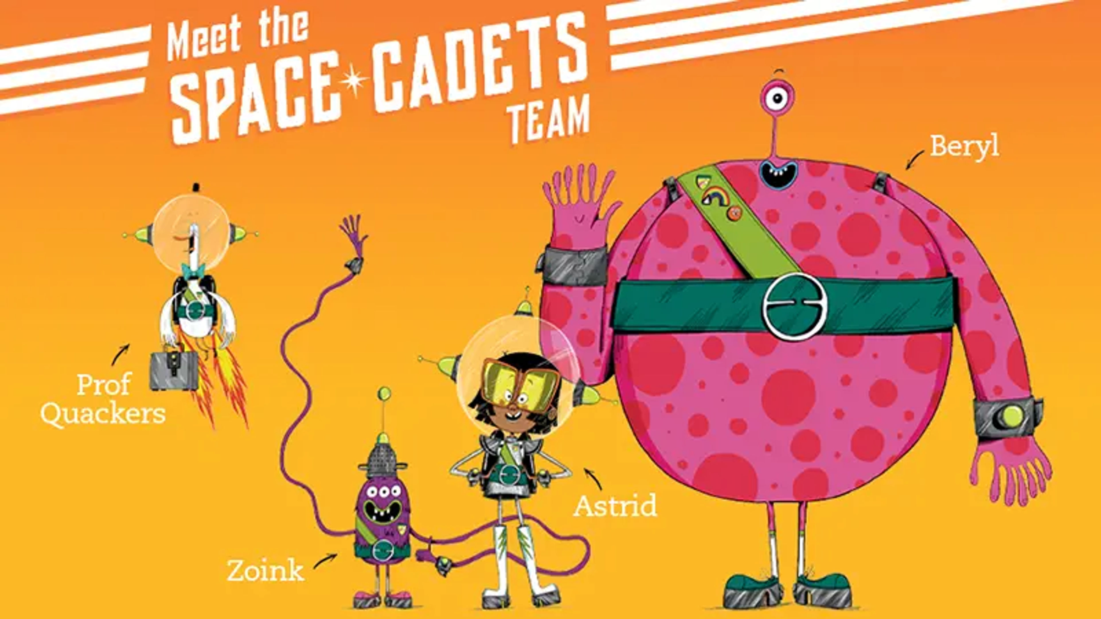 An illustration of the four main characters from Astrid and the Space Cadets