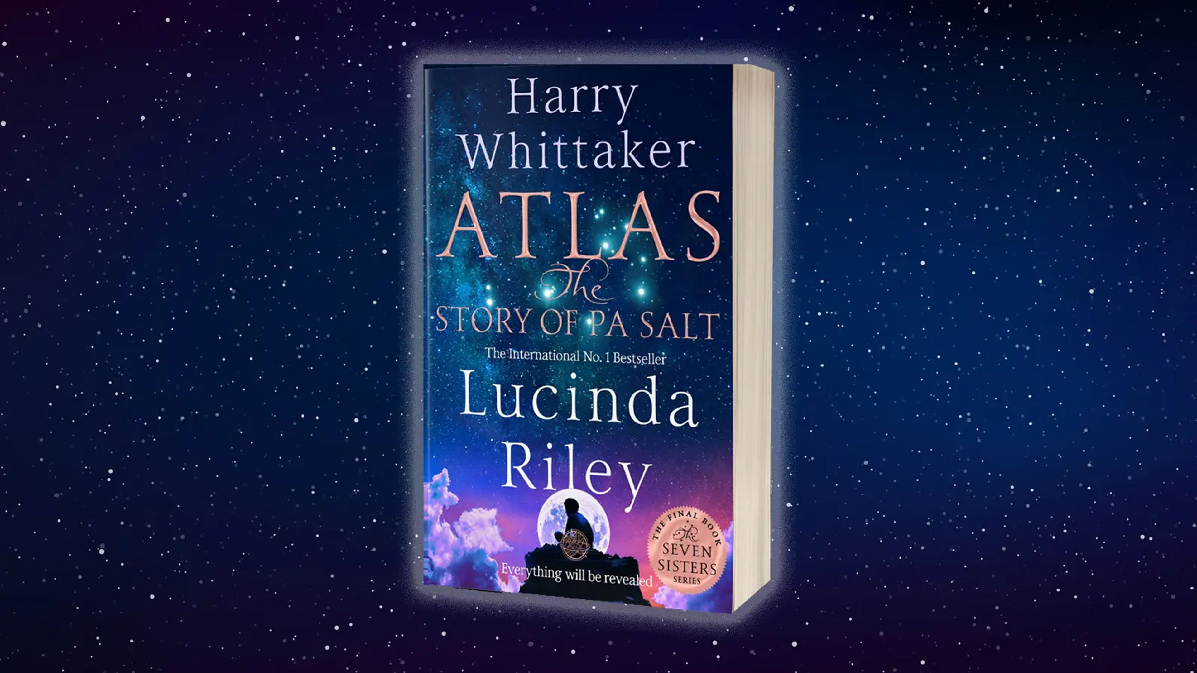 A starry sky background with a 3D image of Atlas: The Story of Pa Salt book
