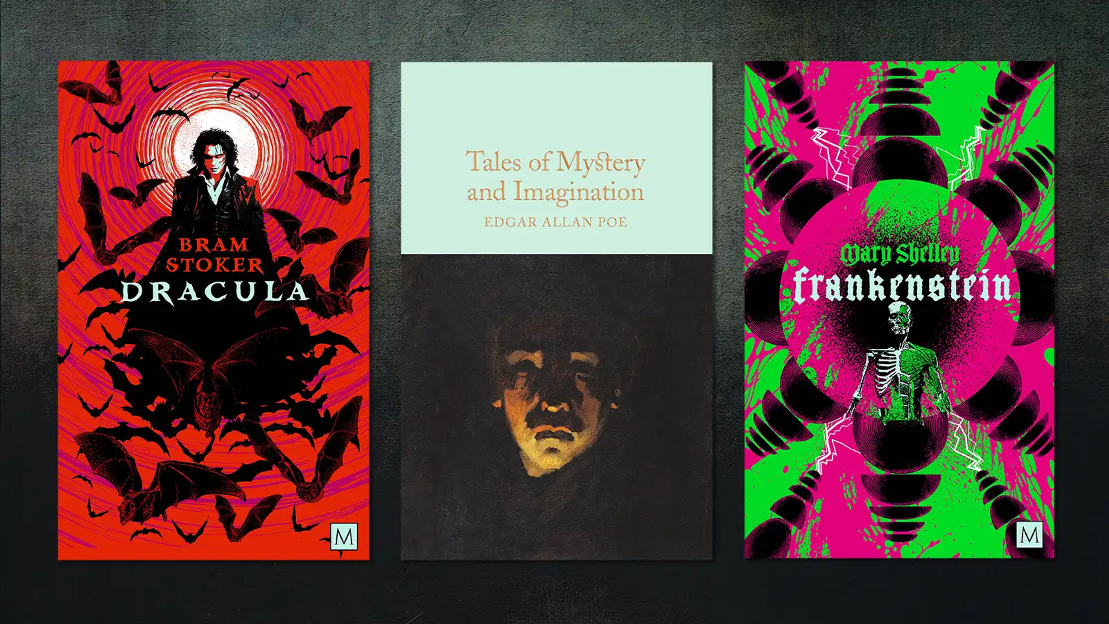 Dracula, Poe and Frankenstein covers on a dark background
