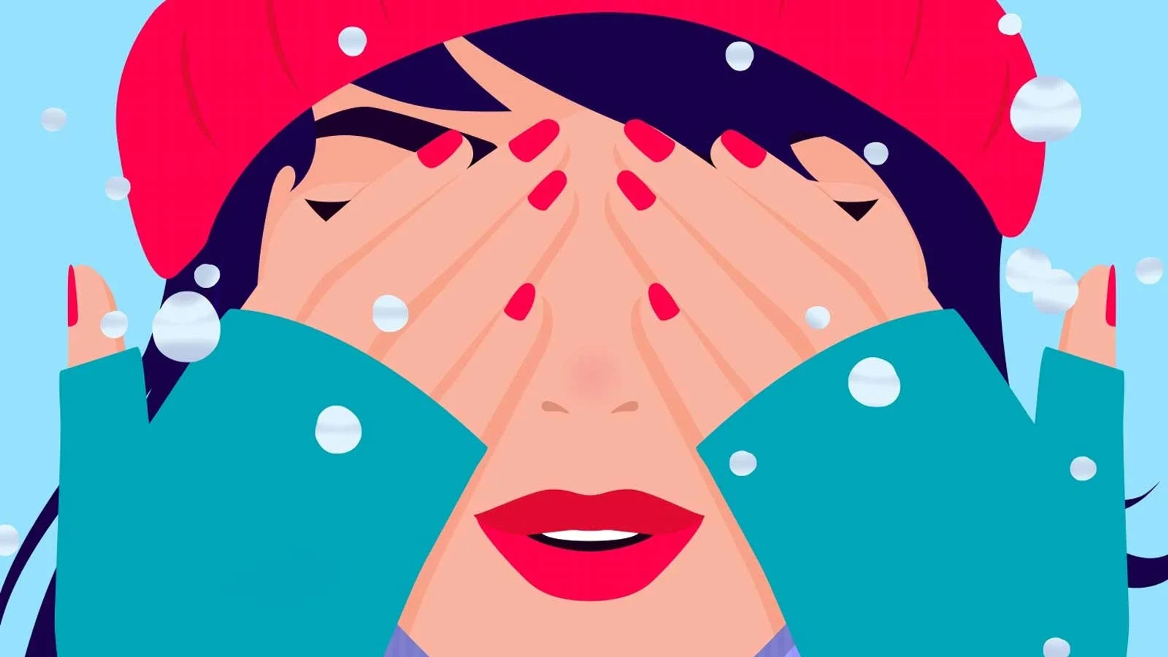 An illustration of a woman's face wearing blue gloves and a red hat covering her eyes with her hands.