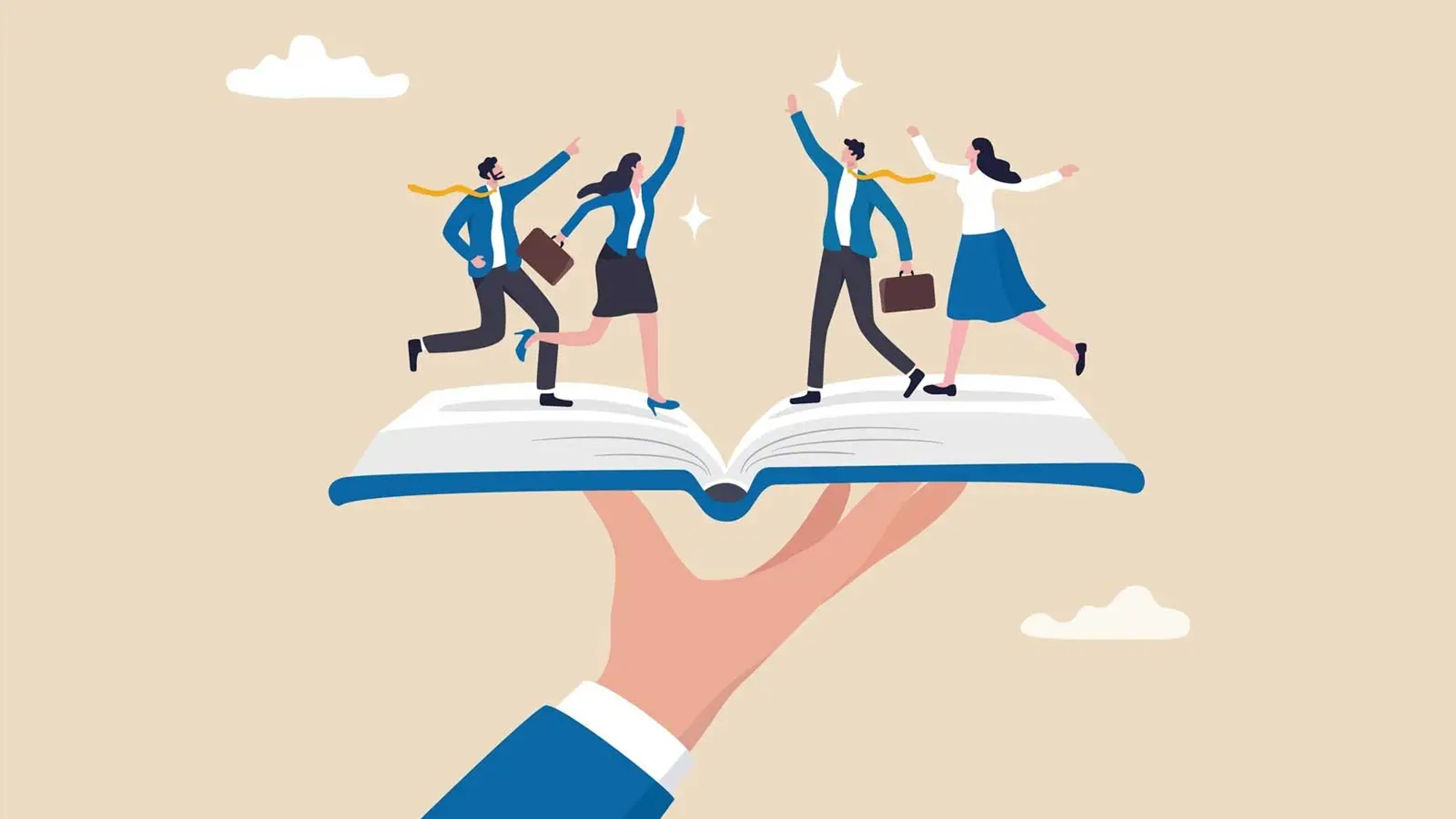 A cream background with an illustration of a man holding an open book with four business men and women inside. 