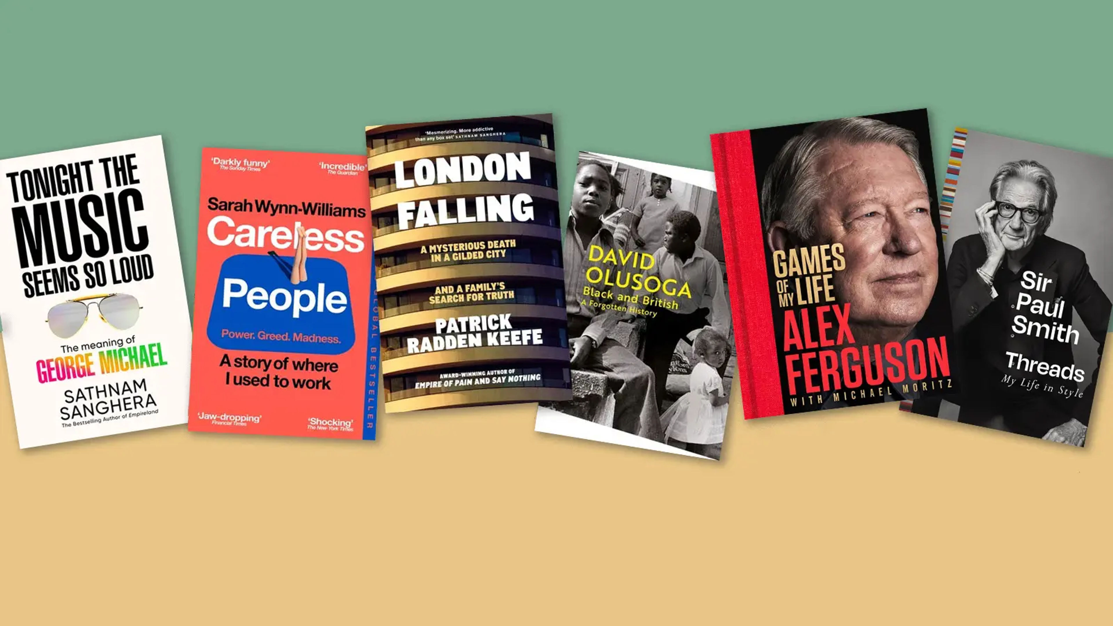 Multiple book jackets, including London Falling by Patrick Radden Keefe, on a light green and yellow background