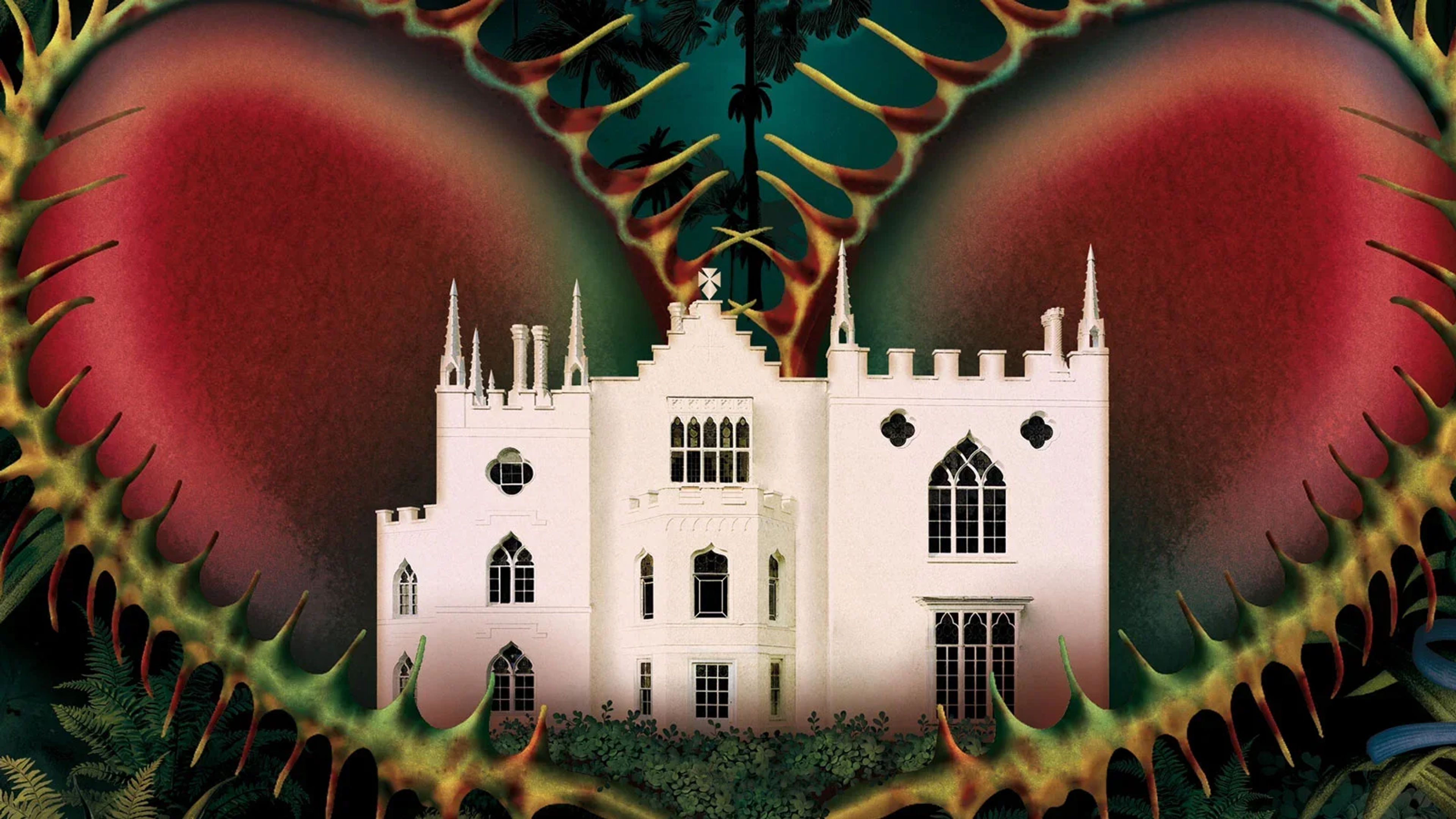 An illustration of a heart with a spiky outline and a white castle at its centre.
