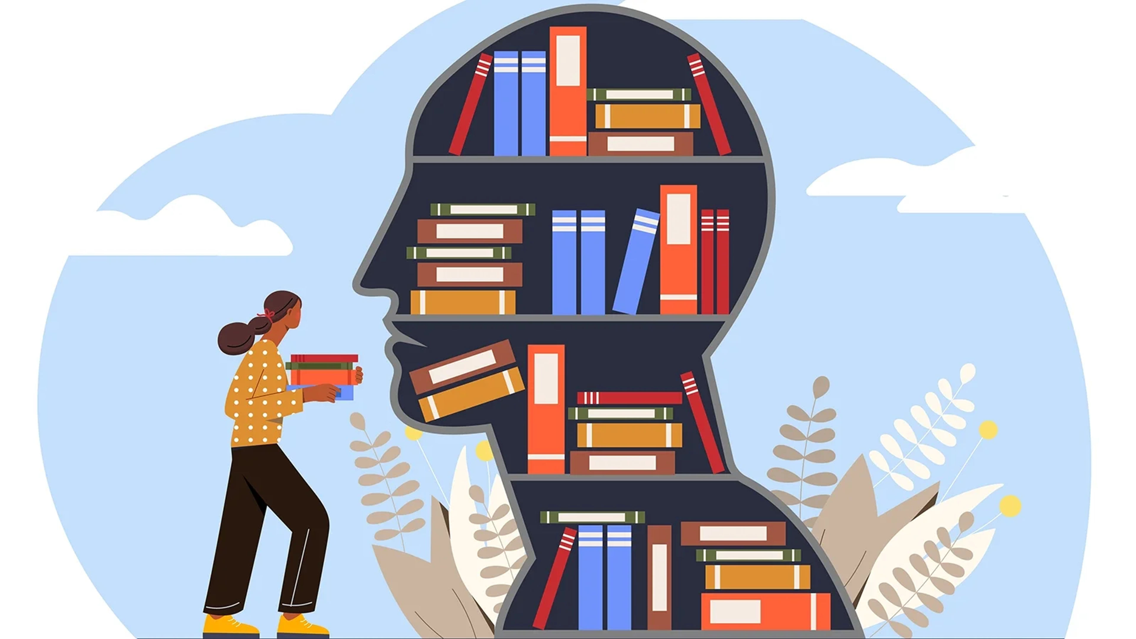 Illustration of woman taking books to library in someone's head