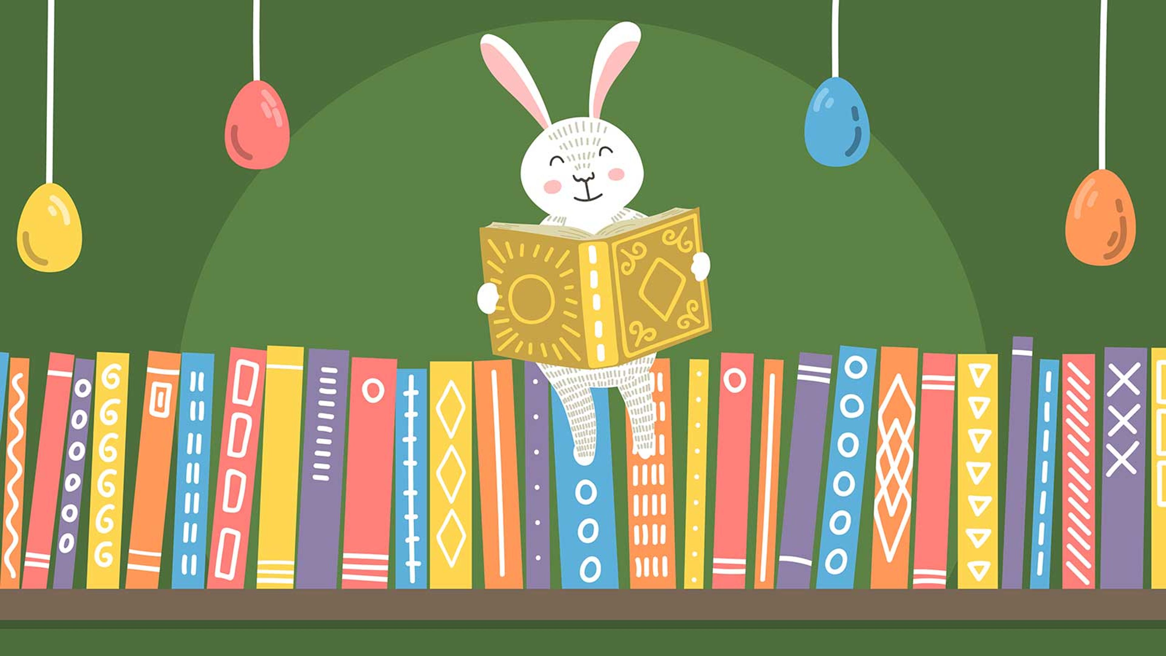 An illustration of an Easter bunny reading a book with Easter egg shaped decorations around it