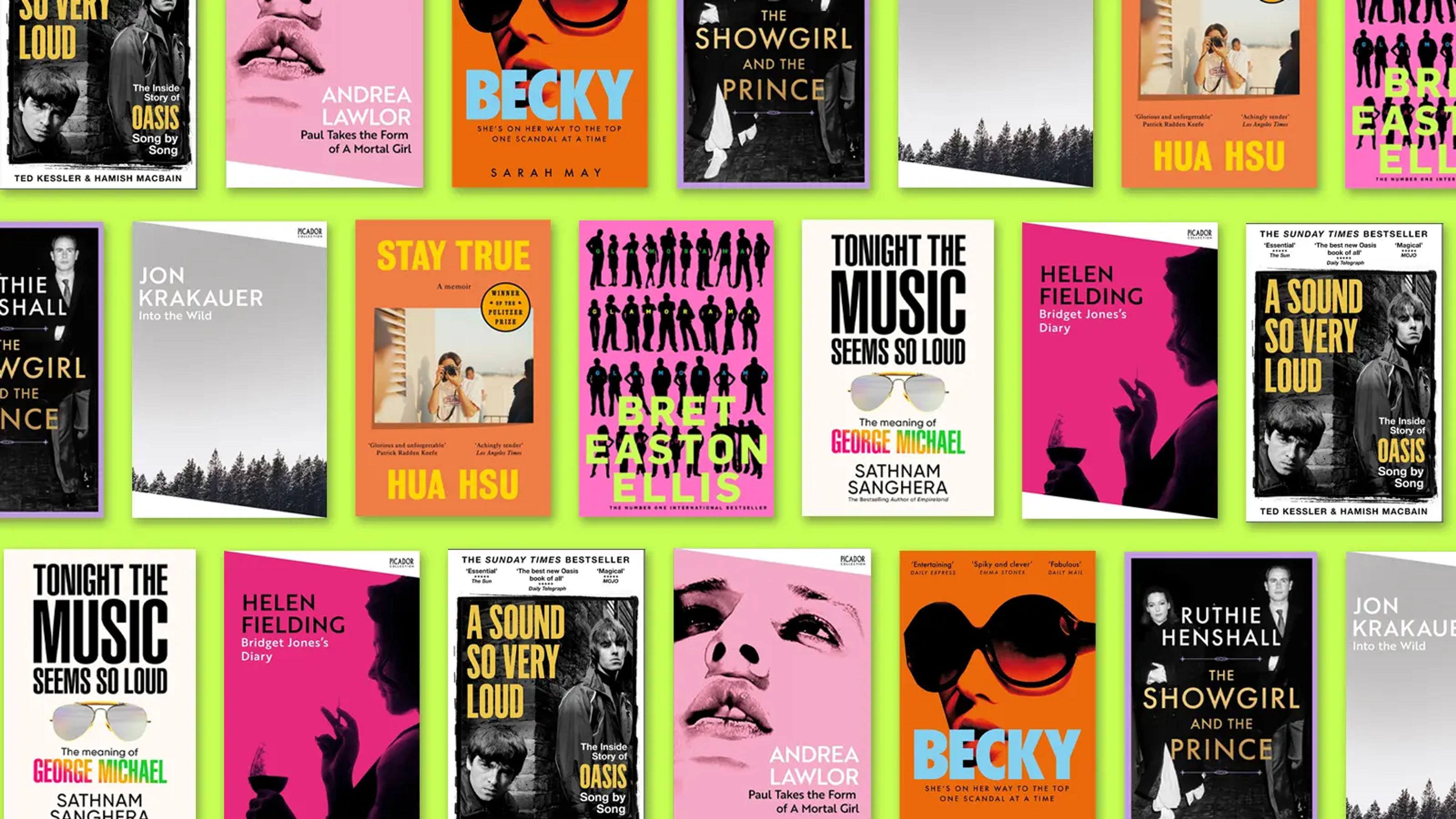 9 books covers in repeating lines on a neon yellow backdrop
