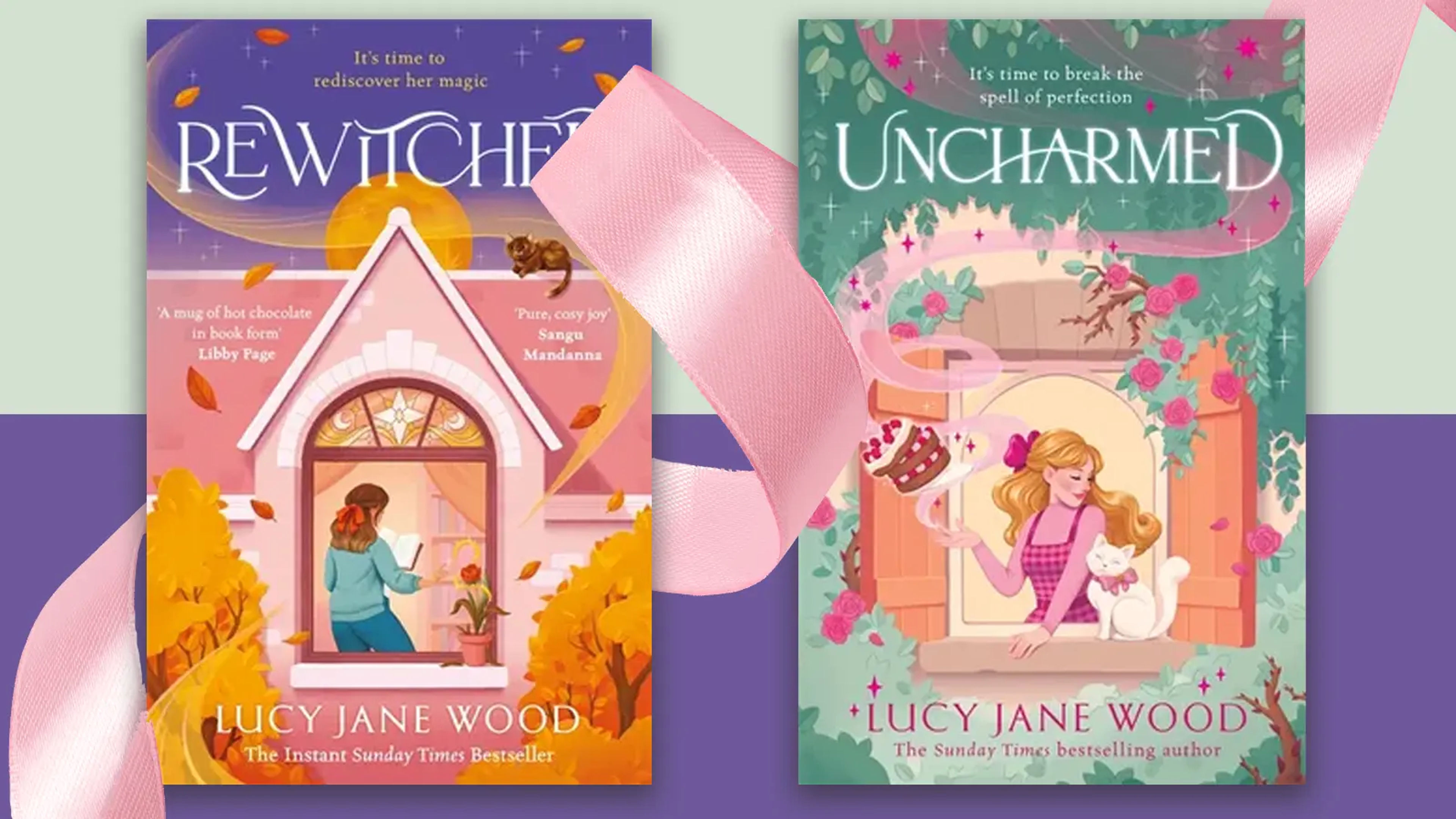 Two book jackets on a purple and green background with a pink ribbon twisting around them