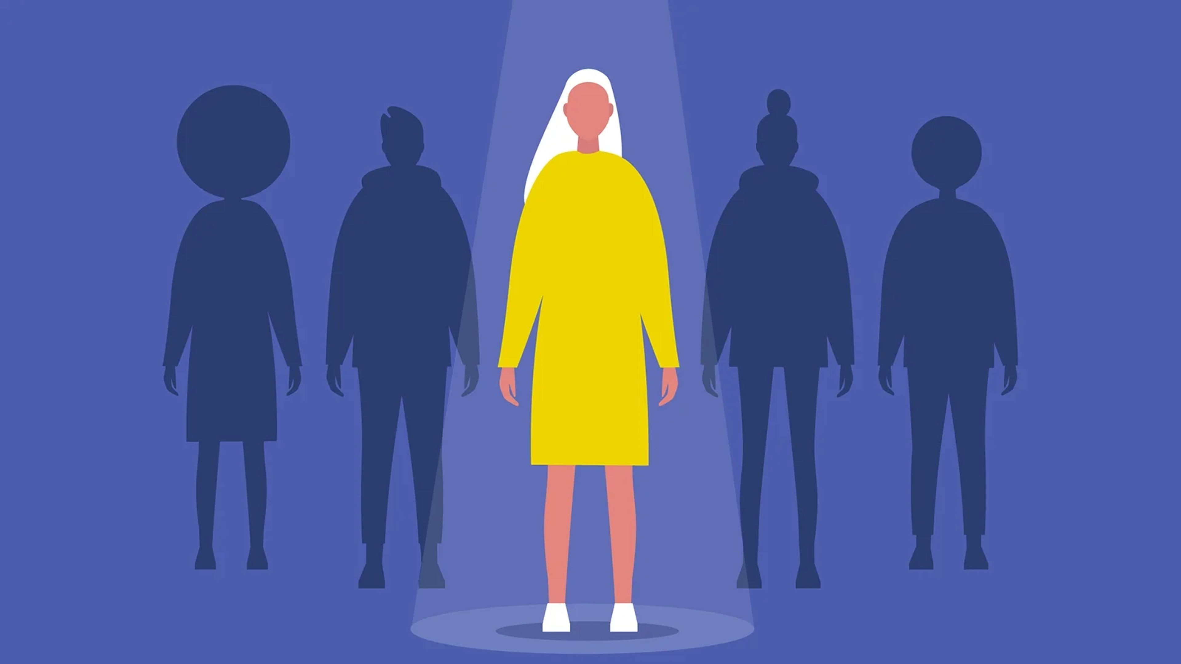 A figure steps forward from the back with a spotlight shining on her