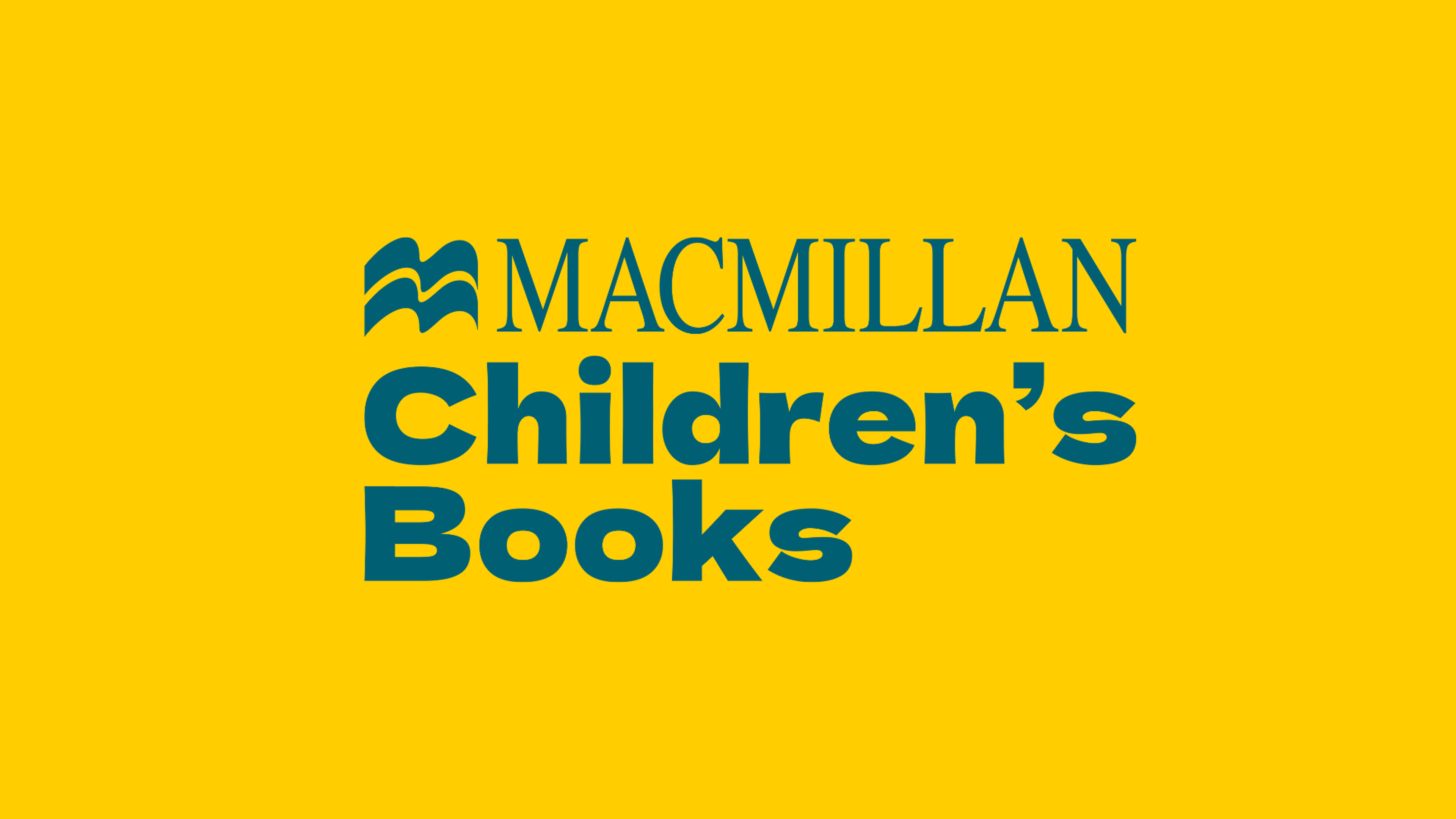 The image shows the Macmillan Children's Books logo in mid blue on a dark yellow background.
