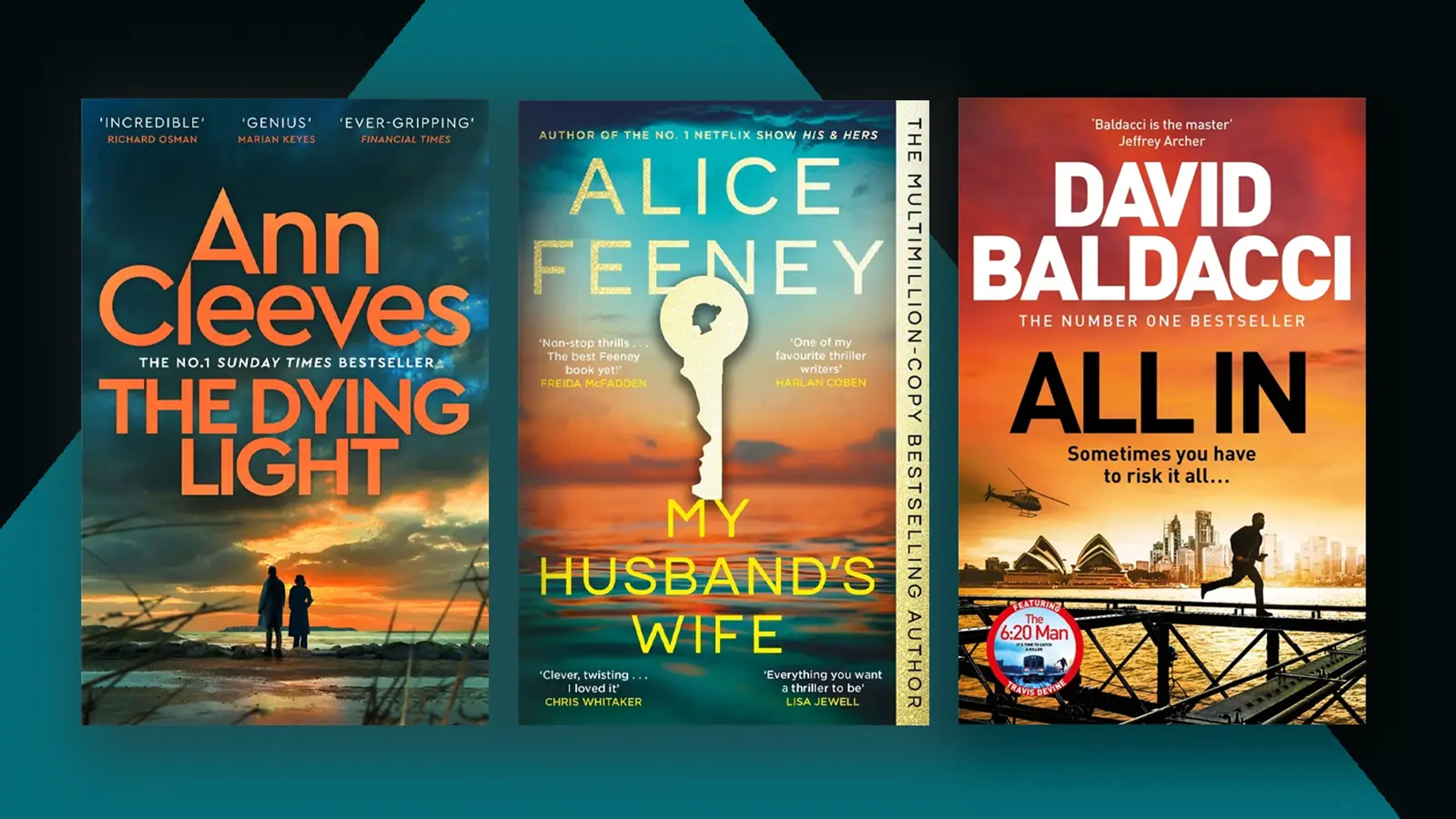 A dark teal and black background with three book covers overlaid