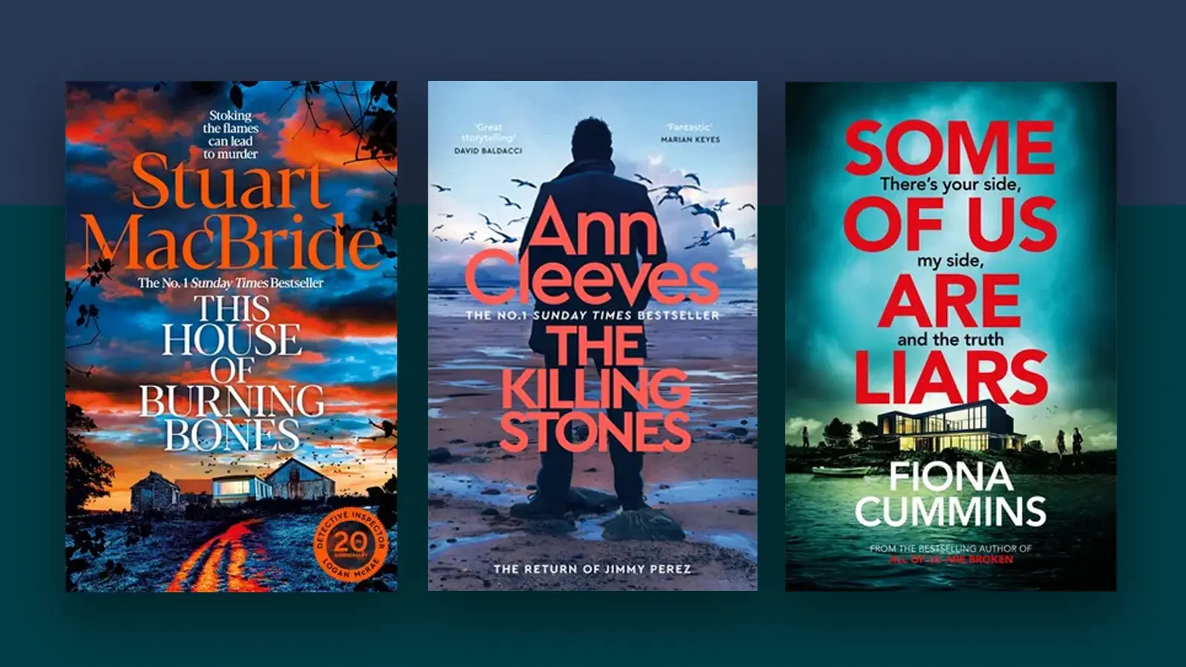 Three crime novels on a dark teal background