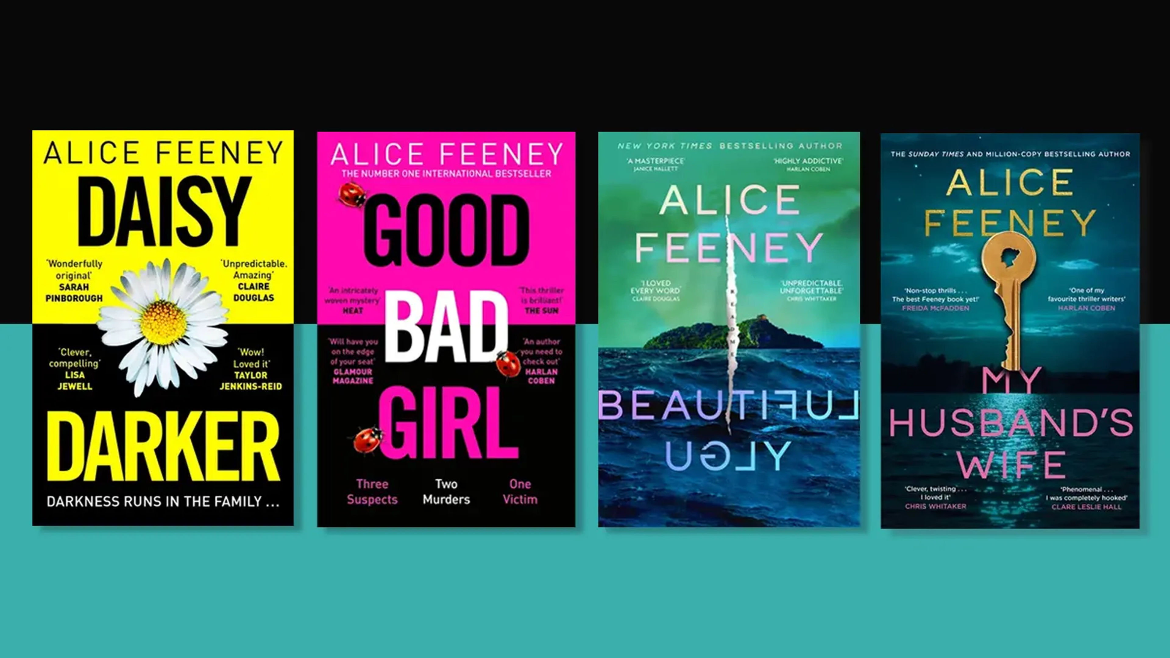 Four Alice Feeney book jackets on a black and teal background