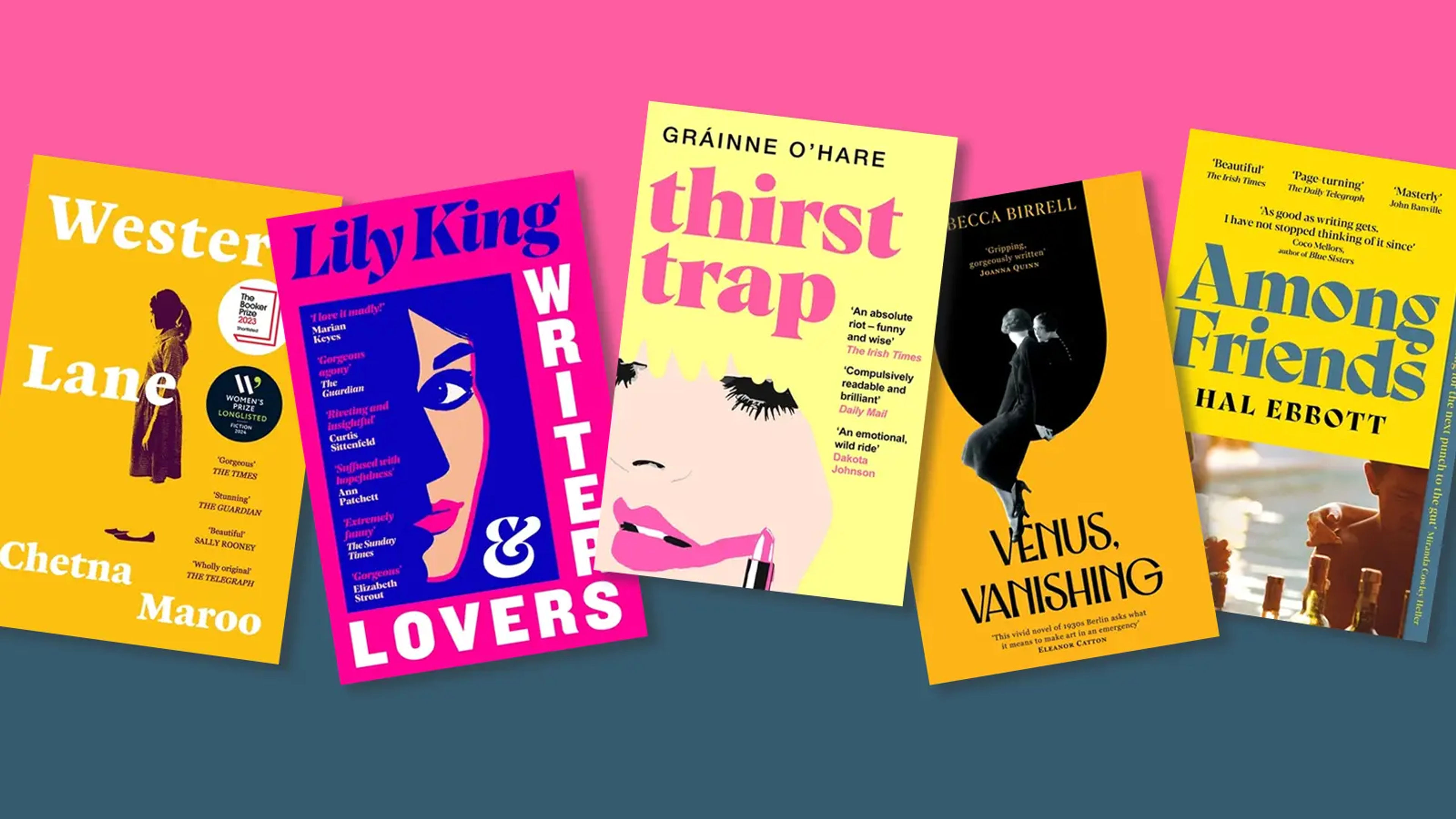 Five books on a pink and dark blue background