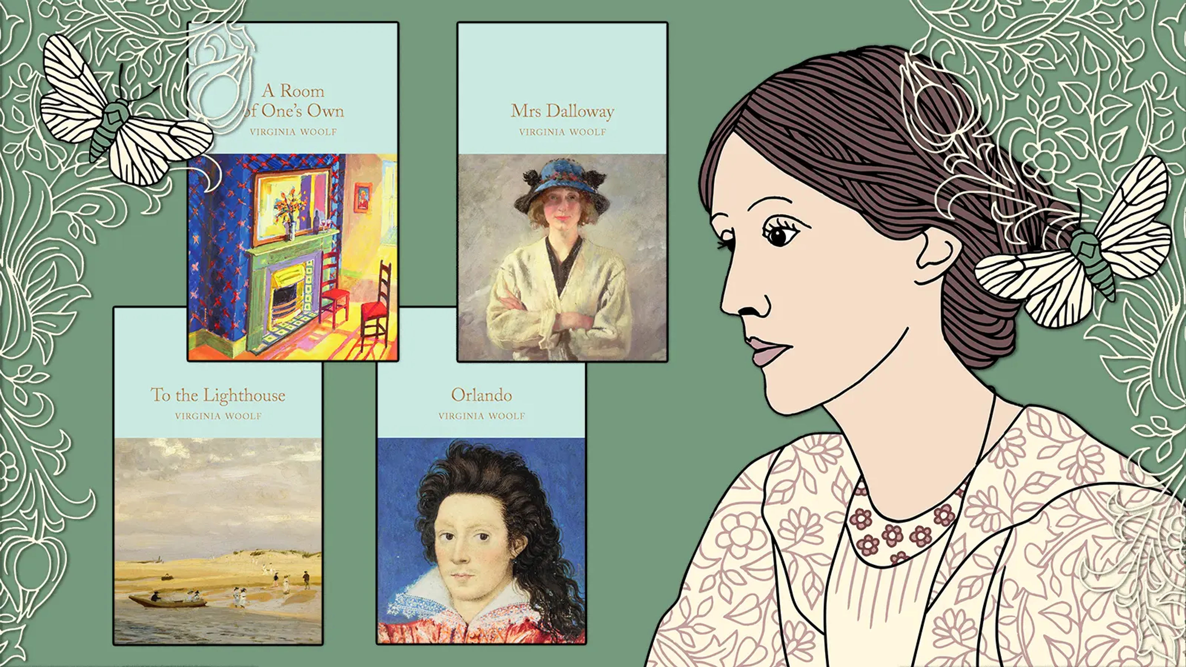 An illustration of Virginia Woolf on a green background, alongside covers of four of her books