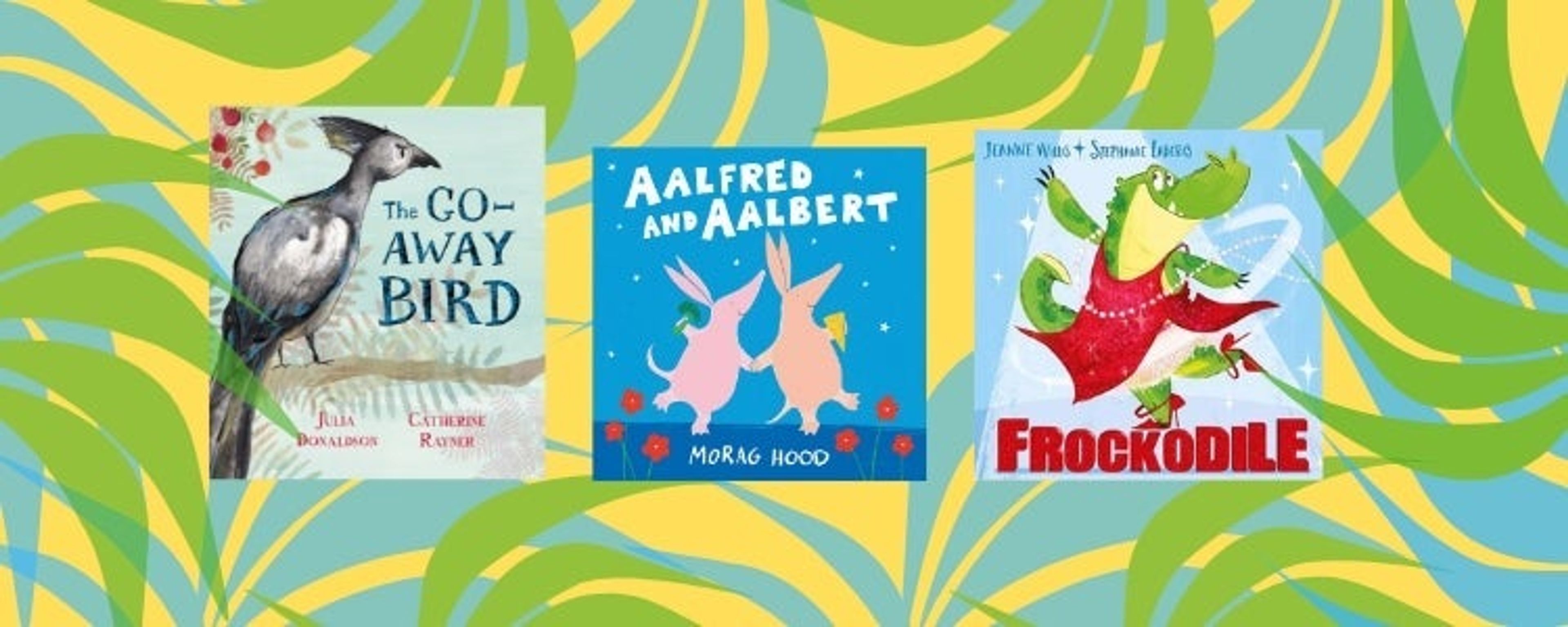 Three animal themed children's book on a bright palm-leaf shaped background image