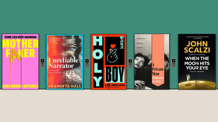 Five book covers made to look like elevator doors