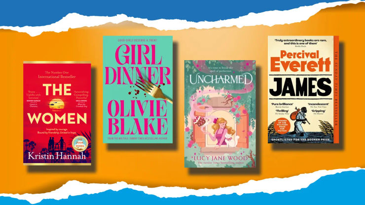 A blue and orange background with the effect that the pages have been ripped, with four book covers overlaid