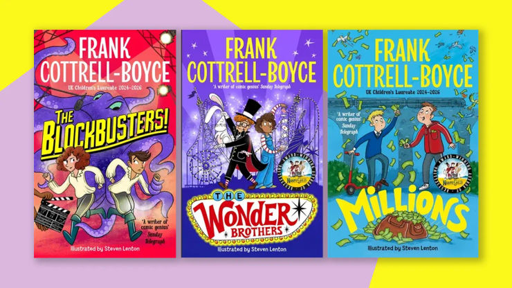 Book jackets on a brightly coloured background
