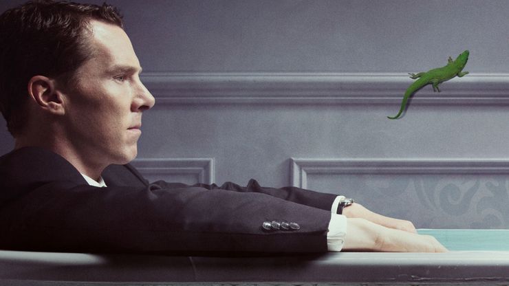benedict Cumberbatch as Patrick Melrose in a bath wearing a suit