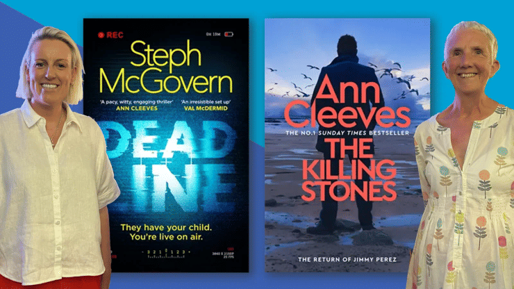Steph McGovern and Ann Cleeves stand infront of their respective book covers
