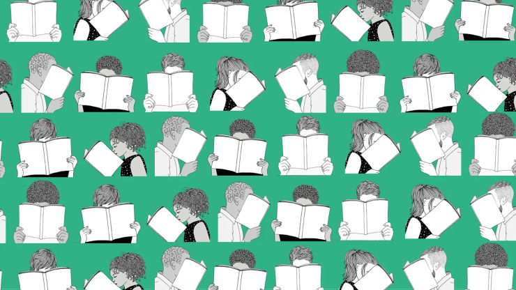 Repeated pattern of people reading on a green background