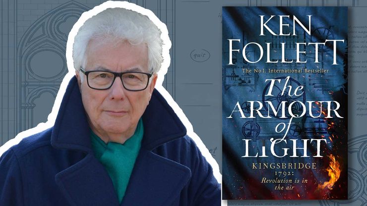 Photograph of Ken Follett alongside the cover of The Armour of Light