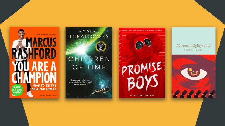 Four books on a coloured background