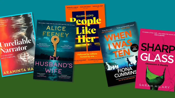 Five book covers on a blue and green background