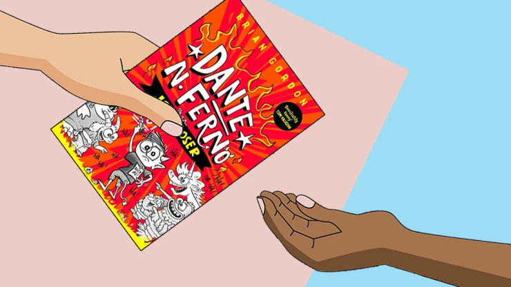 A cartoon hand gives a copy of Dante N. Ferno to another child