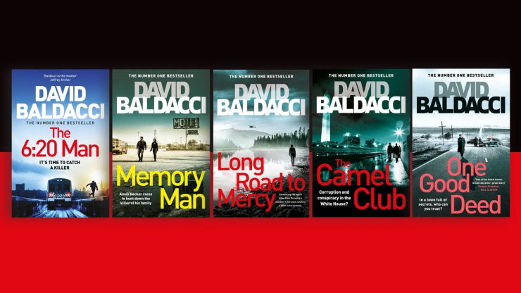 Five book covers on a red and black background