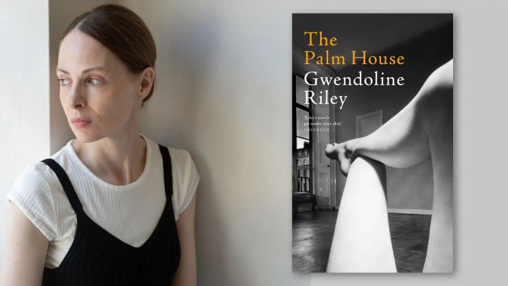 A photograph of Gwendoline Riley alongside the jacket of her new novel, The Palm House