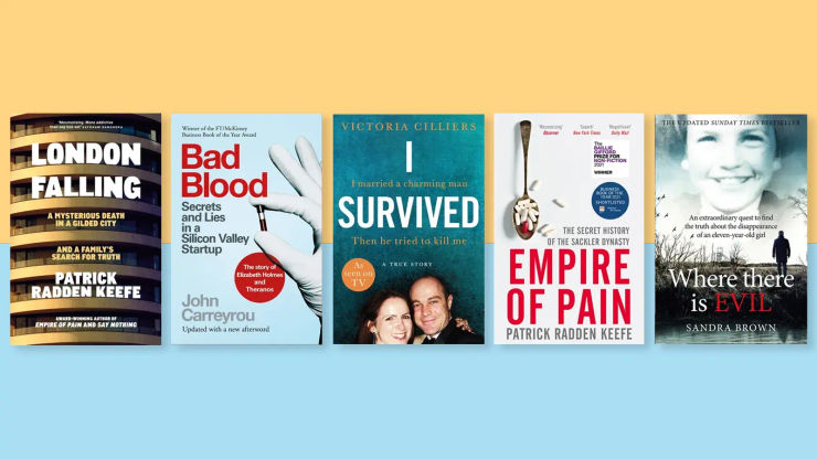 Five book covers, including London Calling by Patrick Radden Keefe