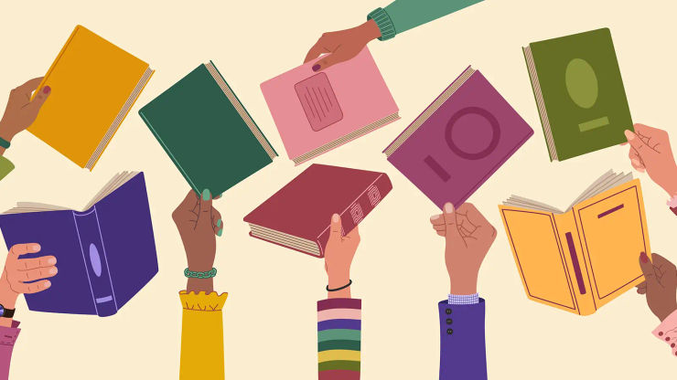 Illustration of various hands holding up books