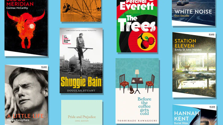 A blue background with multiple overlays of literary books