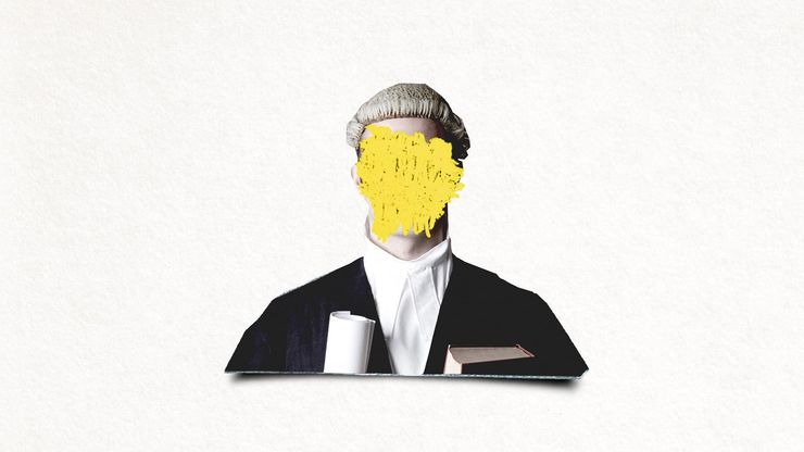 A drawing of a Barrister with his face scribbled out with a yellow pen