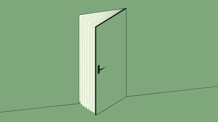 A door opens to reveal the pages of a book