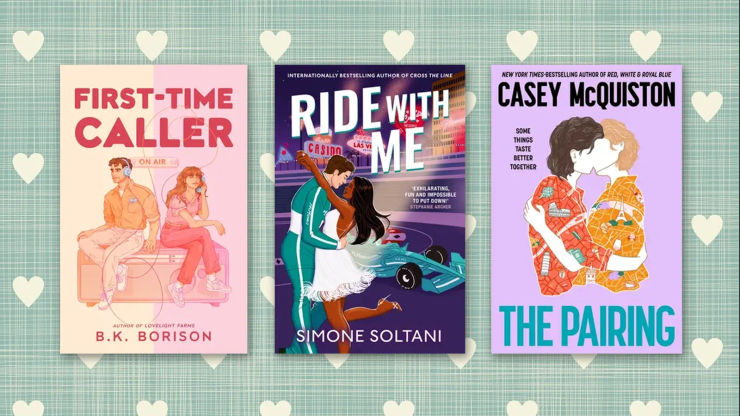 Three book covers on a pale green textured background doted with cream coloured hearts